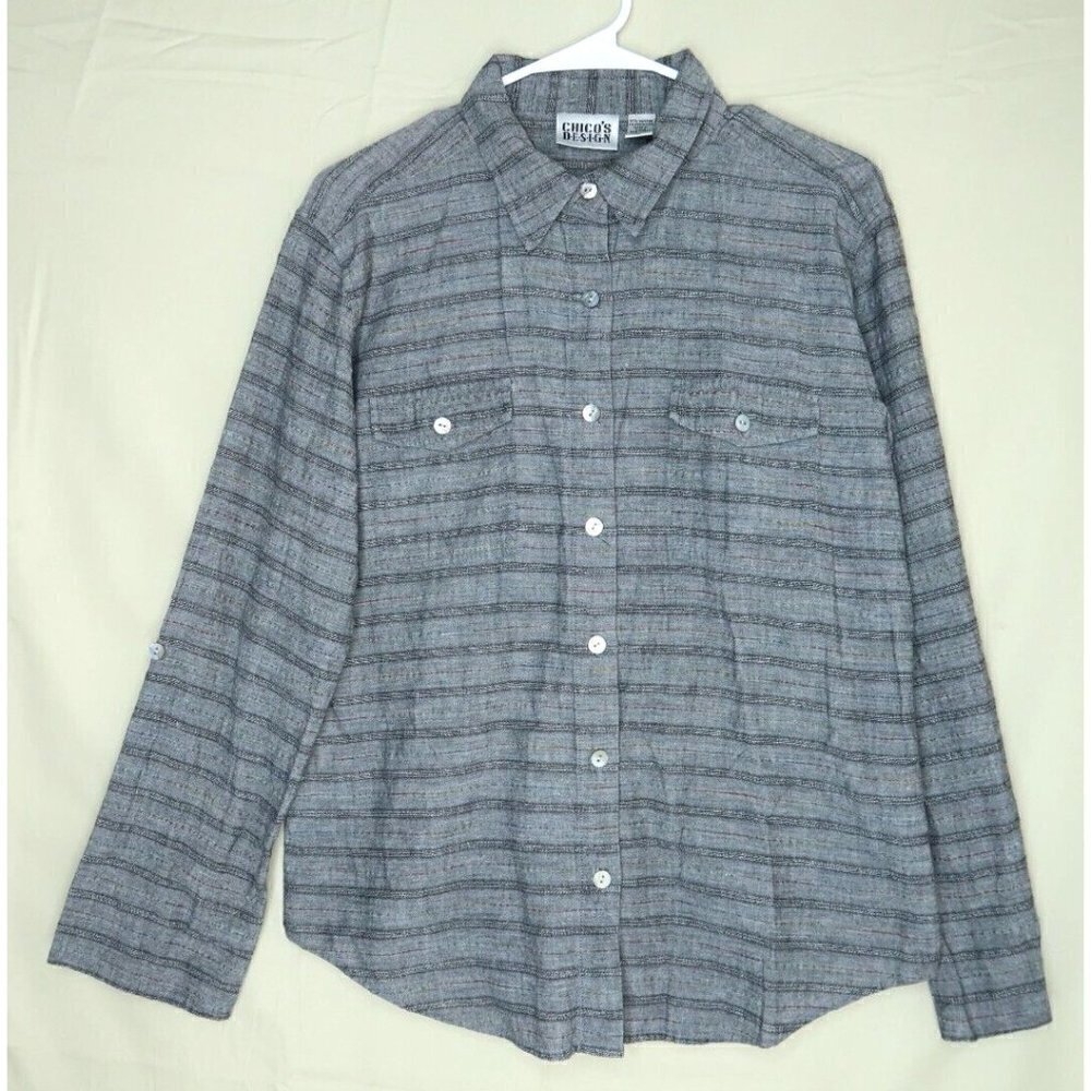 Chicos Design Button Down Shirt Gray Black Striped Top Women's Size Large EUC